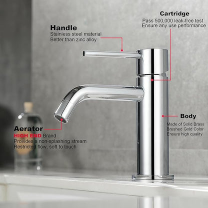 Chrome Bathroom Faucet Single Hole, Single Handle Water Faucet for Bathroom with Pop Up Drain Assembly and Water Faucet Supply Lines