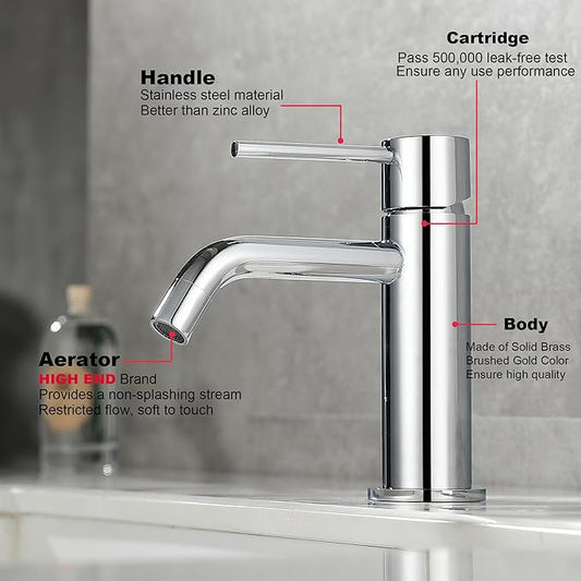 Chrome Bathroom Faucet Single Hole, Single Handle Water Faucet for Bathroom with Pop Up Drain Assembly and Water Faucet Supply Lines