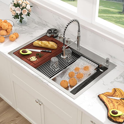 Sarlai Waterfall Kitchen Sink 33 Inch Drop In Kitchen Sink with Waterfall Topmount 16 Gauge Stainless Steel 33x22 Inch Single Bowl Multifuction Workstation Top Mount Sinks with Double Knob