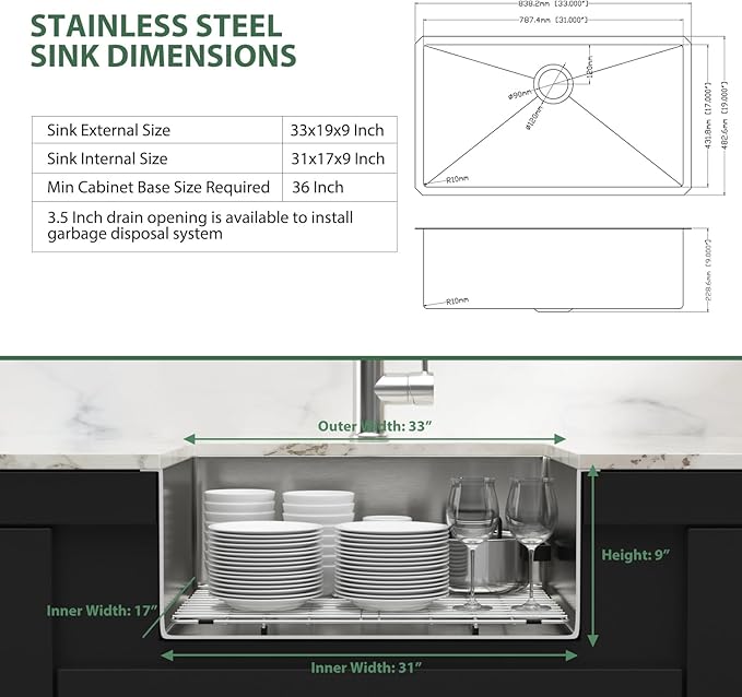 33 Inch Undermount Kitchen Sink 16 Gauge Stainless Steel Single Bowl Undermount Sinks Handmade Large Deep Round Corner Under Mount Sinks Basin, 33"x19"x9"