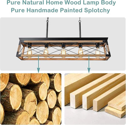 Airposta Farmhouse Rustic Wood Chandelier, 5 Lights Metal Rectangle Dining Room Swag Lighting, Kitchen Island Industrial Linear Cage Pendant Light Fixtures Hanging Lamp