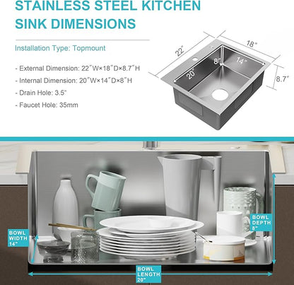 22" x 18" Drop in Kitchen Sink 304 Stainless Steel Single Bowl Topmount Kitchen Sink with Drain Kit and Bottom Grid, Brushed