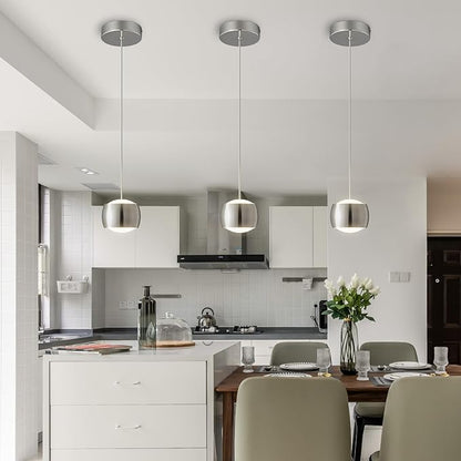 Modern LED Dimmable Pendant Light fixtures,Mini Island Pendant Lighting for Kitchen Island Dinning Room,Bedroom,Bar, Kitchen Island Ceiling Hanging Light Fixtures(Chrome-3-Pack)