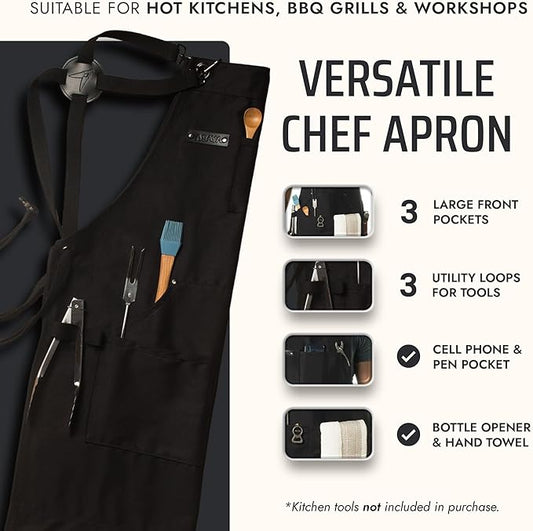 Asaya Chef and BBQ Apron with Bottle Opener and Hand Towel - 10oz Cotton Canvas, Stainless Steel Hardware - Cross Back Straps