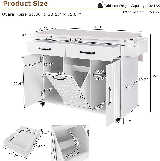 Ball & Cast Kitchen Island with Trash Can Storage Cabinet,Kitchen Cart W/Drop Leaf,Spice Rack,Towel Rack and Drawers,Rolling Kitchen Islands on Wheels W/Adjustable Shelf for Dining Room,White Oak