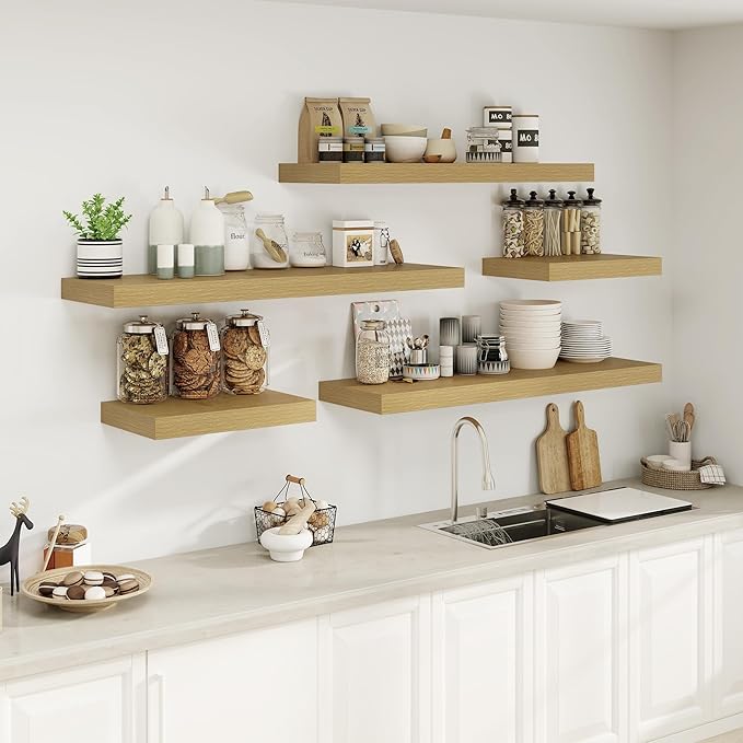 Heimlove 12" Deep Oak Floating Shelves,Over Toilet Long Wall Mounted Modern Farmhouse 36 inches,Wall Shelves with Invisible Brackets for Bedroom, Bathroom, Living Room, Kitchen, Set of 1