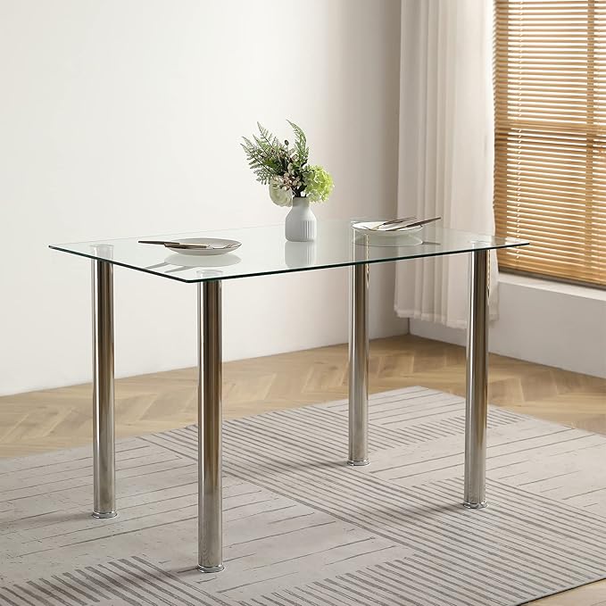 FCH Tempered Glass Dining Table for 4, Small Rectangular Kitchen Table, Modern Furniture,for Apartment & Small Places & Home & Dining Kitchen, 43", Sturdy Clear Glass