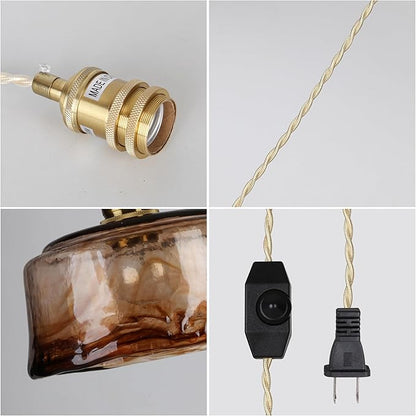 Glass Pendant Lights Kitchen Island Plug in Pendant Light with Dimmable Switch Amber Glass Lampshade for Bedside Dining Room Foyer, Brass