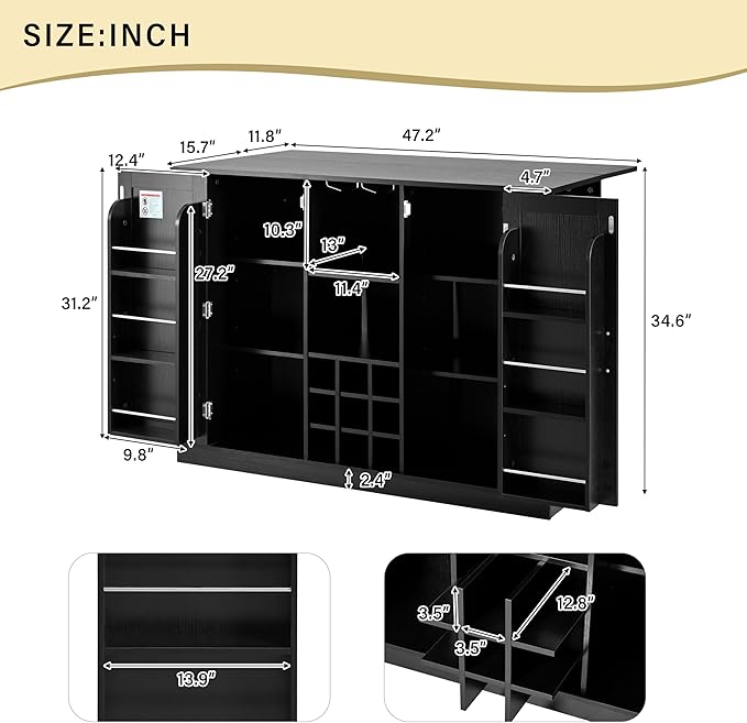 47.2" Kitchen Island with Drop Leaf & Power Outlet, Wine Bar with Bottle Rack & Glass Holder, 2-Door Buffet Sideboard with Side Shelves for Dining Room (Black-85R)