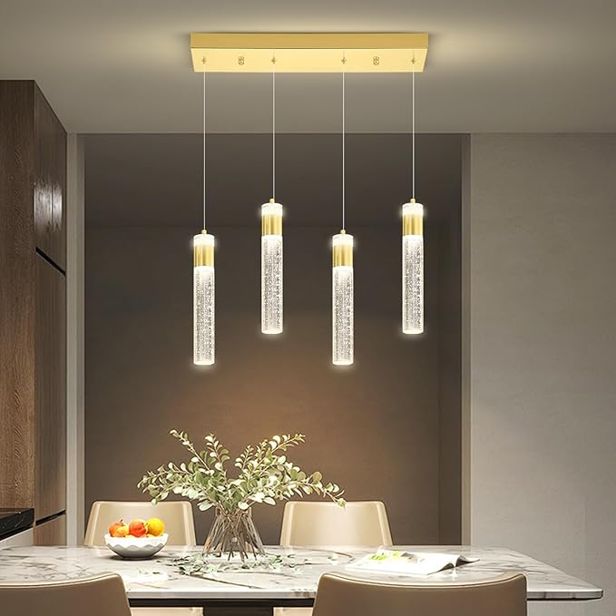 4-Light Gold Pendant Lights Kitchen Island Modern LED Dimmable Gold Crystal Column Ceiling Light for Dinning Room Living Room 32W