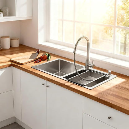 Modern Kitchen Sink Nano-Coated 30.7x16.9 Inch Stainless Steel Kitchen Sink, Drop in & Topmount Double Bowl Sinks with Drainage Pipes and Fruit Baskets