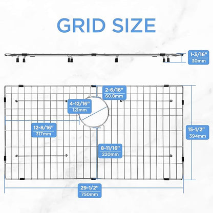 Sanycasa Stainless Steel Kitchen Sink Grid – 29-1/2” x 15-1/2” Sink Protector for Single Bowl Sinks – Rear Drain with Corner Radius 3/8", Durable Sink Grate & Drying Rack for Glassware