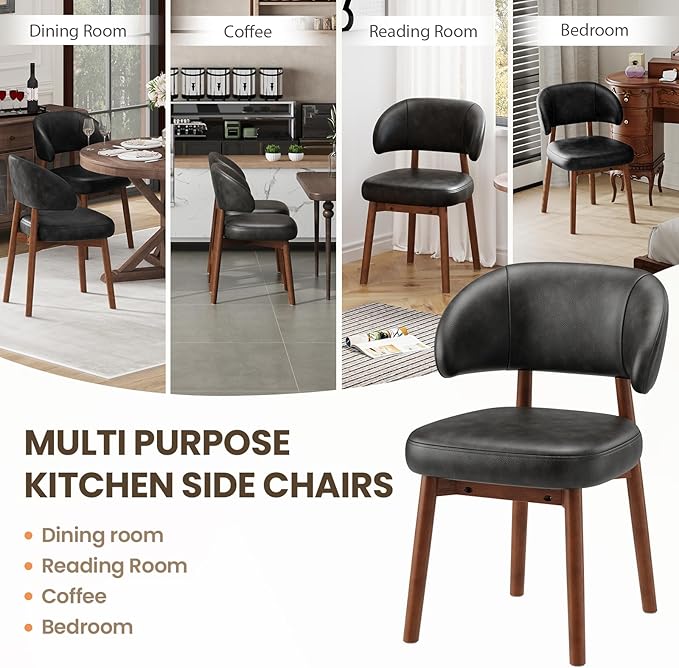 MALOL Wooden Dining Chairs Set of 2, Modern Upholstered Dining Room Chair, PU Leather Kitchen Side Chairs with Curved Open Back for Living Room/Restaurant/Cafe, Black