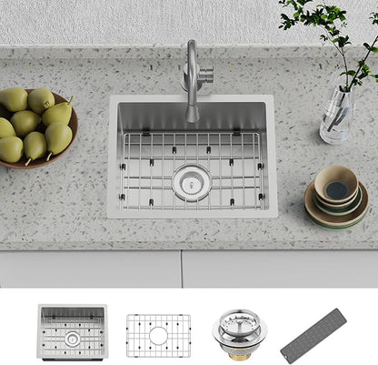 Kitchen And Bar Sink, 20x16 Inch Stainless Steel Undermount Modern Single Bowl Small Kitchen And Bar Sink Combo-SS Grid,Silicon Mat,Drain Strainer Set Compatibility With Various Kitchen&Bar Style
