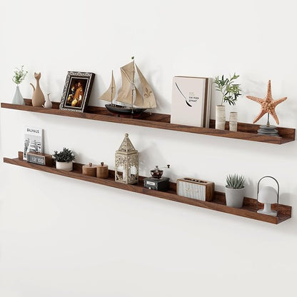 Axeman Oak Picture Ledge Shelf, 72 Inch Floating Shelves Set of 2, Solid Oak Wood Wall Shelves with Lip, Wall Decor Storage for Bedroom Living Room Bathroom Kitchen Nursery Photo Picture, Walnut