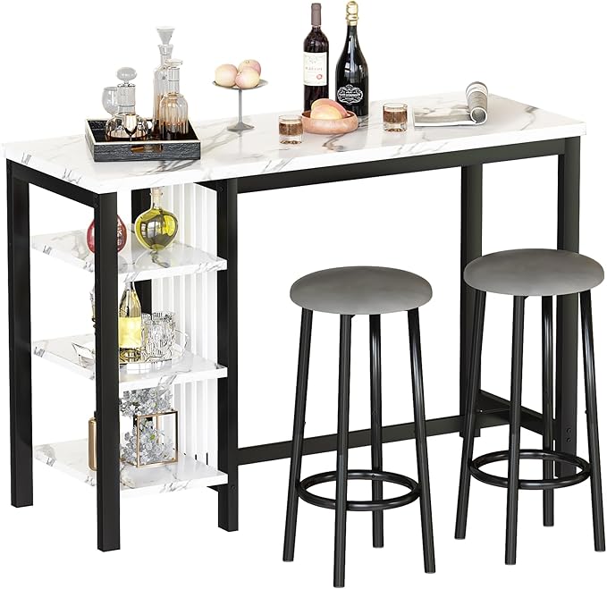 Lamerge Kitchen Furniture Bar Height Table and Chairs for 2 People, 4-Tier Compact Dining Room Table, White Faux Marble Top and 2 Grey Velvet Upholstered Seat, Modern Dining Set for Home/Studio/Office