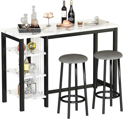 Lamerge Kitchen Furniture Bar Height Table and Chairs for 2 People, 4-Tier Compact Dining Room Table, White Faux Marble Top and 2 Grey Velvet Upholstered Seat, Modern Dining Set for Home/Studio/Office