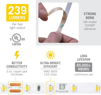 Armacost Lighting RibbonFlex Pro 24V White LED Strip Lights 60 LED/m, 3000K, 32.8 ft 145250