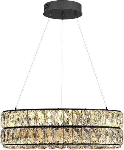 Modern Dimmable Led Crystal Ring Chandelier Adjustable Ring Pendant Light for Living Room Dining Room 15.7inch Black