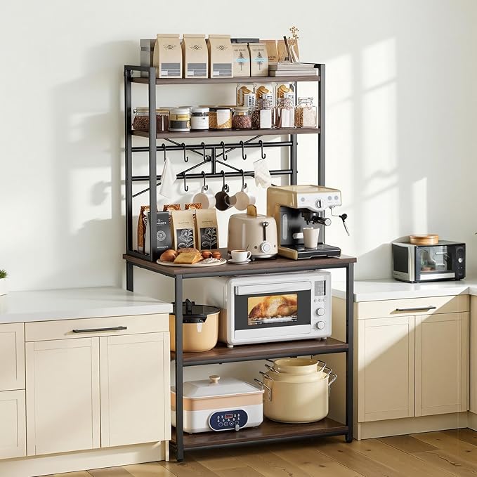 VEVOR Bakers Rack, 31.5 inch Width Microwave Stand,Kitchen Stand with X-Shaped Support Bar & 12 S-Shaped Hooks,Kitchen Storage Shelf for Dish Storage, Spice Jars, Coffee Bar Organization