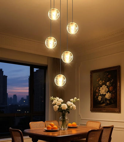 HAIXIANG 5 Lights Globe Chandelier Modern Crystal Glam Light LED Warm Light Pendant Lights for Dining Room Kitchen Island Black Lighting Fixture