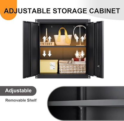 Metal Wall Cabinet, Steel Cabinet Wall Mounted, Lockable Storege Cabinet with Doors and Shelves, Upper Cabinets for Home Office, Pantry, Garage, Black