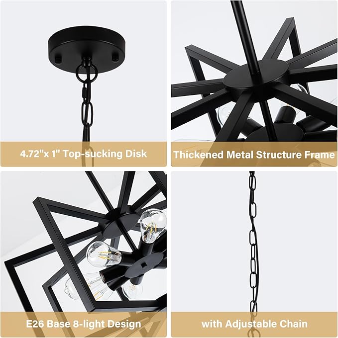 Modern Chandelier, 27.5'' Large Black Chandelier Light Fixture Industrial Max 60'' Hanging Adjustable Farmhouse Chandeliers for Dining Room Entryway Living Room Kitchen (8-Light, E26)