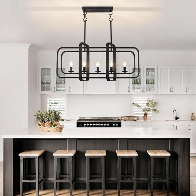 TOULMJ 5-Light Dining Room Light Fixture, 31.5" Black Farmhouse Kitchen Island Lighting Modern Linear Chandeliers for Dining Room Kitchen Island with Adjustable Rods