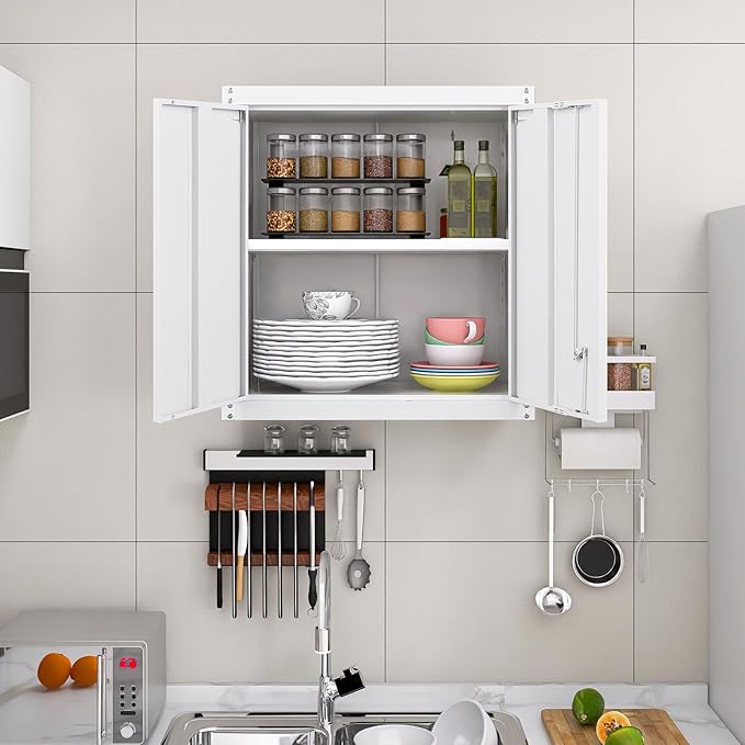 Metal Storage Cabinet with Lock, Kitchen Cabinets Wall Mounted, Steel Wall Cabinet with Doors and Shelves, Hanging Cabinet for Laundry, Pantry, Home Office, White