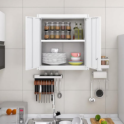Metal Storage Cabinet with Lock, Kitchen Cabinets Wall Mounted, Steel Wall Cabinet with Doors and Shelves, Hanging Cabinet for Laundry, Pantry, Home Office, White