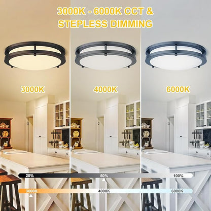 Kalium 14 Inch Flush Mount LED Ceiling Light Remote, Matter Black, 24W, 3000K-6000K CCT, Close to Ceiling, Dimmable Lighting Fixtures for Kitchen, Bedroom, Bathroom. Hardwired, 2PACK.