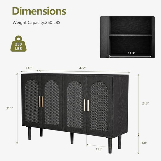 Large Sideboard Buffet Cabinet with Storage, Modern Credenza Buffet Table Coffee Bar Wine Bar Storage Cabinet with Artistic Carved Handle for Dining Room Living Room, (Black)