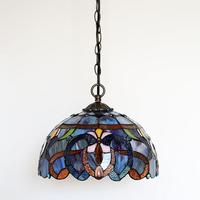 Tiffany Pendant Light Plug-in Stained Glass Hanging Lamp 12”x12”x181” Blue Baroque Swag Light Decorative Vintage Lighting for Dining Room Living Room Kitchen Hallway Bedroom