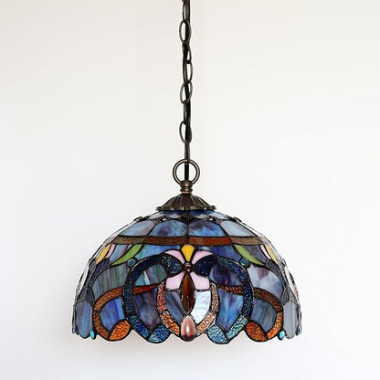 Tiffany Pendant Light Plug-in Stained Glass Hanging Lamp 12”x12”x181” Blue Baroque Swag Light Decorative Vintage Lighting for Dining Room Living Room Kitchen Hallway Bedroom