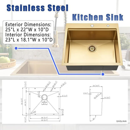 25x22 Gold Drop In Kitchen Sink with Faucet - 25 Inch Stainless Steel Drop In Sink and Faucet Combo, Gold Single Bowl Kitchen Sink Workstation with Accessories