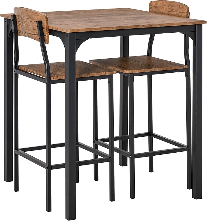3 Piece Bar Table Set with Steel Legs & Footrests White Industrial Counter Height Dining Table for Small Spaces Kitchen Home Decor,Rustic Brown
