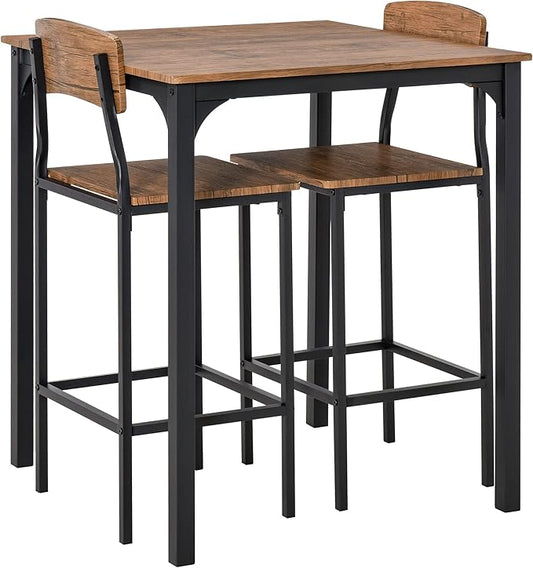 3 Piece Bar Table Set with Steel Legs & Footrests White Industrial Counter Height Dining Table for Small Spaces Kitchen Home Decor,Rustic Brown