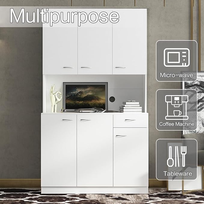 DMAITH 71" White Kitchen Pantry Cabinets with Microwave Stand, 6 Doors & 3 Adjustable Shelves, Freestanding China Cabinet Hutch, Buffet Cabinet with Storage