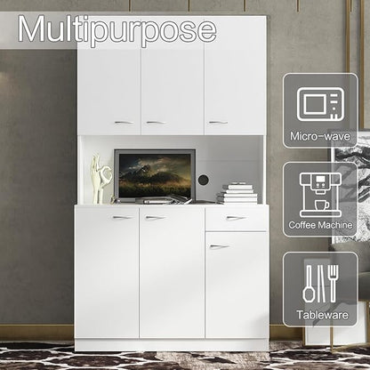DMAITH 71" White Kitchen Pantry Cabinets with Microwave Stand, 6 Doors & 3 Adjustable Shelves, Freestanding China Cabinet Hutch, Buffet Cabinet with Storage