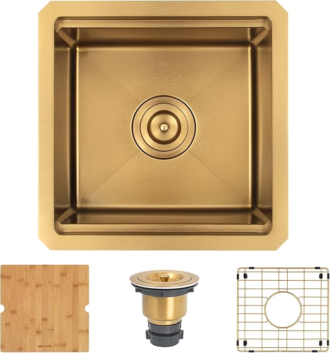 Gold Bar Sink Undermount, 16 Gauge SUS304 Stainless Steel All In One Workstation Sinks with Ledge & Accessories, 15" x 15" x 10" Small Kitchen Sink Prep Sink for Wet Bar, Outdoor,RV