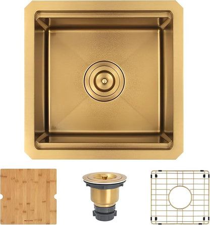 Gold Bar Sink Undermount, 16 Gauge SUS304 Stainless Steel All In One Workstation Sinks with Ledge & Accessories, 15" x 15" x 10" Small Kitchen Sink Prep Sink for Wet Bar, Outdoor,RV