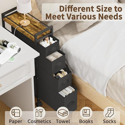 LASZOLA 4 Drawer Narrow Dresser Slim Cabinet Skinny Storage Tower Chest, Ideal for Small Spaces Bathroom Bedroom, Between Washer and Dryer, Lightweight Mobile on Wheels, Sturdy Fabric Drawers, Black