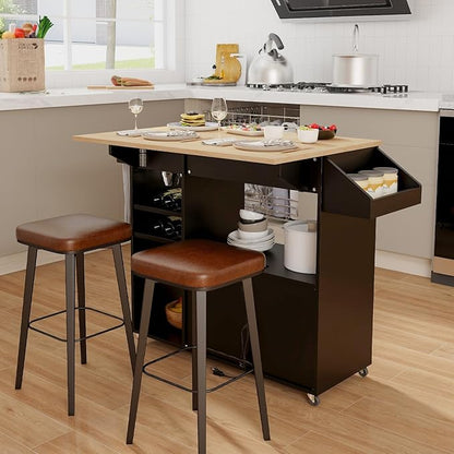 Giantex Rolling Kitchen Island Cart with Drop Leaf, Power Outlet, Spice Rack, 12 Wine Rack, Glass Holder, Drawer, Storage Cabinet, Towel Rack, Island Table for Breakfast Coffee Bar (Black & Natural)