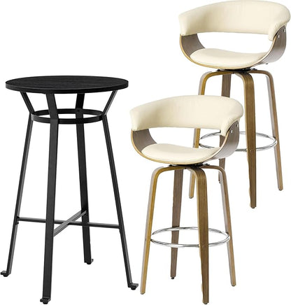 Glitzhome Bar Table and Chairs, Cream PU Leather Adjustable Swivel Bar Stools Set of 2, Round Black Cocktail Pub Table for Kitchen Island Bistro Office Living Room Dining Room Small Space Restaurant