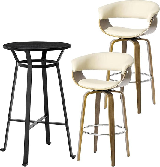 Glitzhome Bar Table and Chairs, Cream PU Leather Adjustable Swivel Bar Stools Set of 2, Round Black Cocktail Pub Table for Kitchen Island Bistro Office Living Room Dining Room Small Space Restaurant