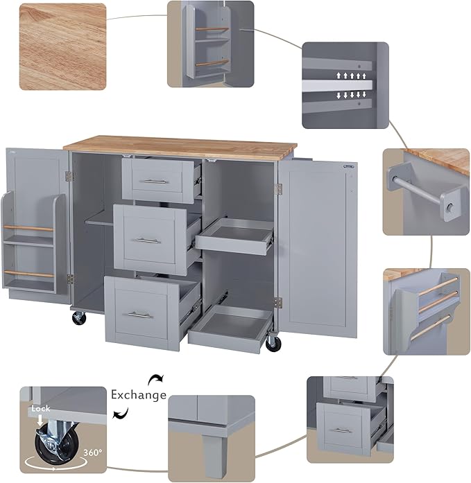 Rolling Kitchen Island with Storage, Kitchen Cart with Rubber Wood Top,3 Drawer,2 Slide-Out Shelf and Internal Storage Rack, Kitchen Island on Wheels with Spice Rack & Tower Rack (Grey-Blue~09)