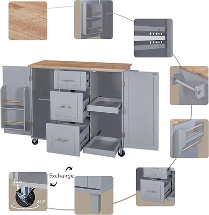 Rolling Kitchen Island with Storage, Kitchen Cart with Rubber Wood Top,3 Drawer,2 Slide-Out Shelf and Internal Storage Rack, Kitchen Island on Wheels with Spice Rack & Tower Rack (Grey-Blue~09)