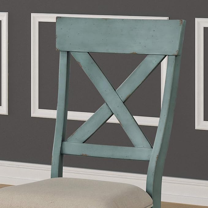 Roundhill Furniture Prato Two-Tone Wood Cross Back Upholstered Dining Chairs, Set of 2, Blue and Tan