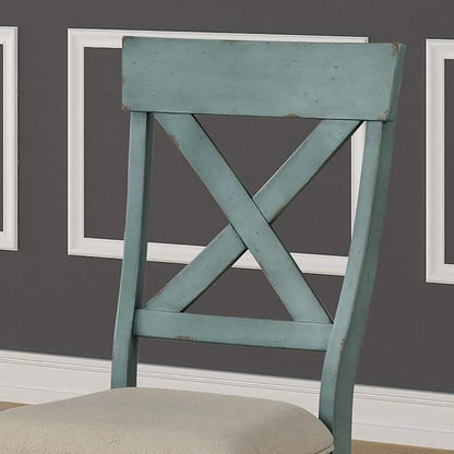 Roundhill Furniture Prato Two-Tone Wood Cross Back Upholstered Dining Chairs, Set of 2, Blue and Tan