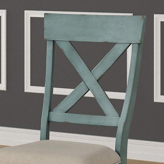 Roundhill Furniture Prato Two-Tone Wood Cross Back Upholstered Dining Chairs, Set of 2, Blue and Tan